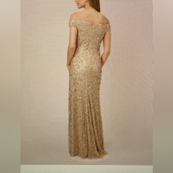 Off the shoulder beaded Adrianna Papell gown in Champagne. Size 10 - Picture 1 of 3